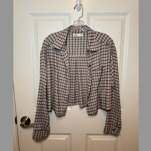 Hollister cropped brown, cream, black button down plaid top Size Small
